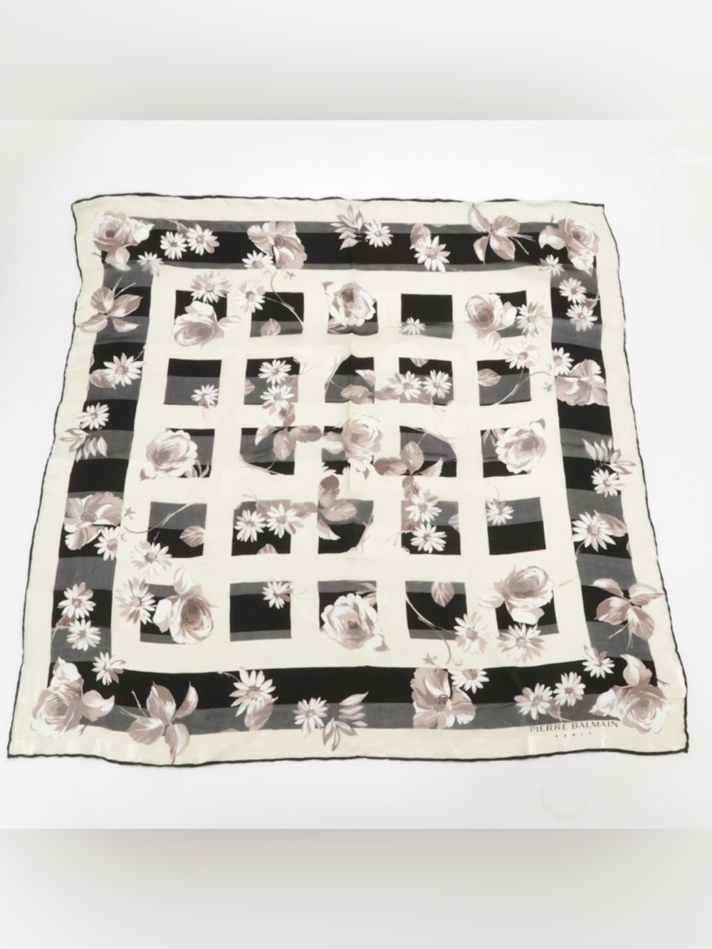 Pierre Balmain Black & Cream Floral Silk Square Scarf 34x34”